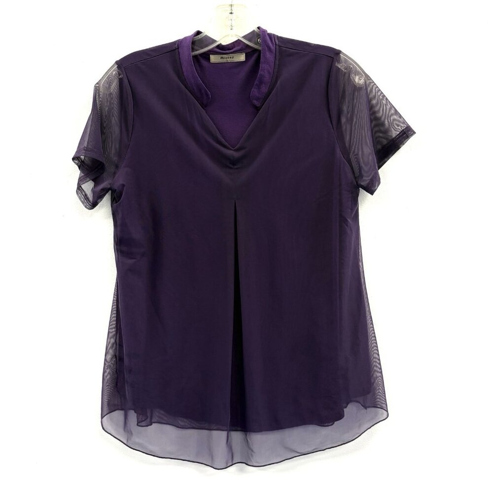 Miusey Womens Top Size Large Purple T-shirt with Mesh Overlay Split Neckline